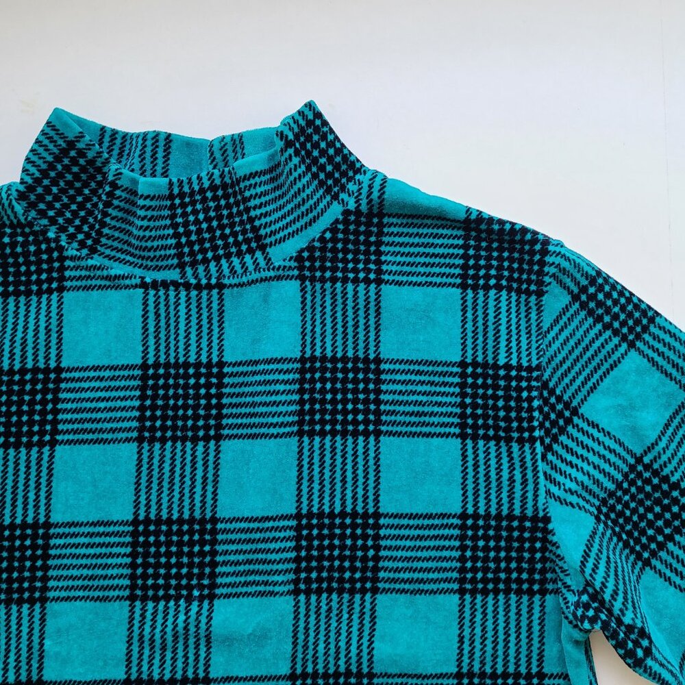 Vintage Green Black Velour Top Tag sz M Plaid High Neck Tunic 80s 90s